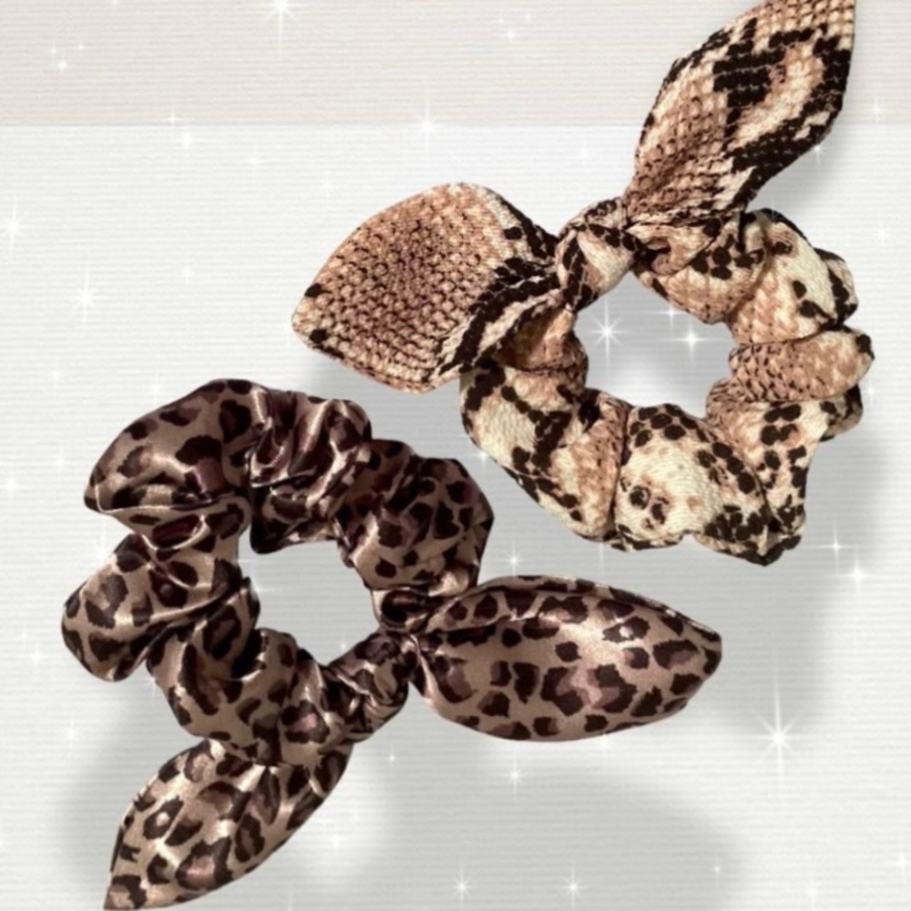 NWOT 2x Bow Scrunchie Hair Tie Bundle Leopard Reptile Snake Print